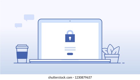 Laptop with security icon in screen. Line vector illustration