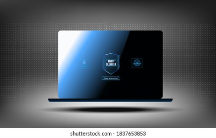 Laptop with security shield. The concept of protecting your computer from unauthorized entry. The security of your data. Cyber technologies and protection of your software. Access control system