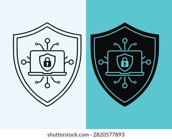 Laptop security shield icon set featuring network protection symbols for computer safety and mobile workstation defense vector