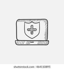 Portátil con protector de seguridad en el icono de esbozo de pantalla para web, móvil e infografía. Icono aislado del vector dibujado a mano.