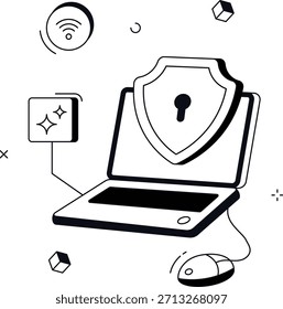 Seguridad del ordenador portátil con el escudo y la Ilustración vectorial plana isométrica de la protección de datos del wifi