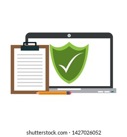 Laptop with security system and clipboard with pencil symbols vector illustration graphic design
