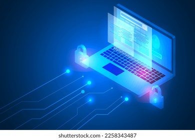 laptop security technology abstract. high security protection by padlock and finger print. password safety background.