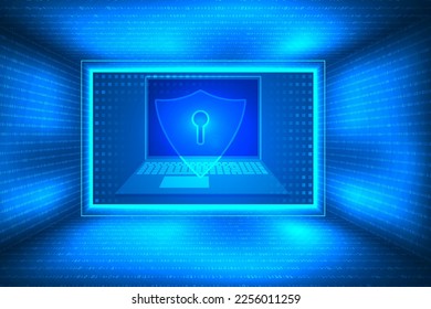 Laptop security and top privacy information data technology abstract. High security and protection by binary code background.