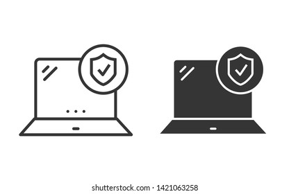 Laptop security vector icon. Black illustration isolated on white. Simple pictogram for graphic and web design.