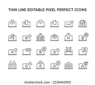 Laptop security vector line icons. Computer privacy and protection icon collection. Notebook network security symbols. Editable pixel perfect