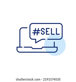 Portátil con mensaje de venta. Icono de línea de dibujo de píxeles perfecto, modificable