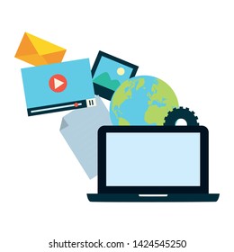 laptop send email world website communication vector illustration