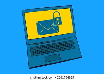 Laptop with Sending encrypted E-Mail protection blue secure mail internet symbol on the screen. Vector cartoon illustration.