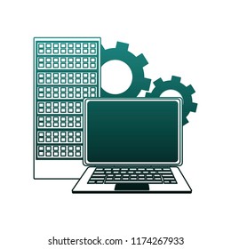 Laptop and servers with gears blue lines