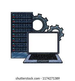 Laptop and servers with gears scribble