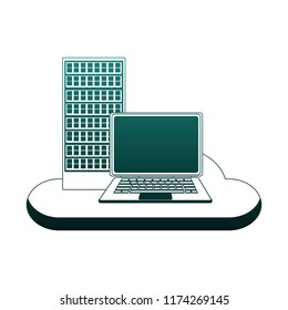 Laptop and servers on cloud blue lines