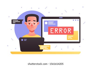 Laptop With Service Error Vector Illustration. Cartoon Surprised Man In Glasses Chatting With Technical Support About Technical Issues Flat Style Concept