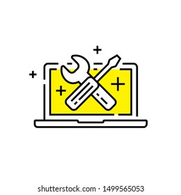 Laptop service line icon. Website maintenance symbol. Spanner and screwdriver computer configure sign. Vector illustration.