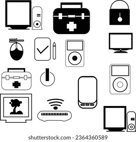 laptop, set, computer, icon, tablet, symbol, web, pc, technology, vector, monitor, camera, flat, phone, smartphone, design, device, joystick, internet, screen, display, mouse, mobile, game, sign