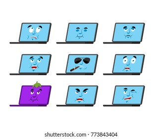 Laptop set emotion avatar. sad and angry face. guilty and sleeping. Computer sleeping emoji face. PC Eggplant. Vector illustration