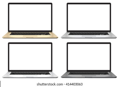 Laptop set in gold, white, silver, gray color - vector illustration with blank screen isolated on white background, aluminium shiny glowing body.