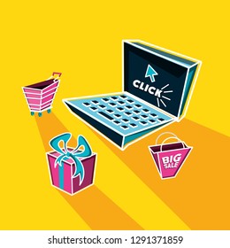 laptop with set icons ecommerce