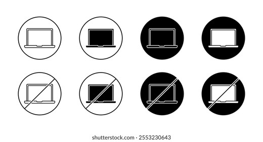 Iconos del sistema del ordenador portátil. Iconos de signo de prohibición. Estilo lineal y de silueta. Iconos del vector.