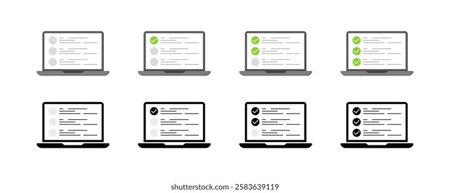 Laptop set icons. Test icons. Flat, linear and silhouette style. Vector icons.