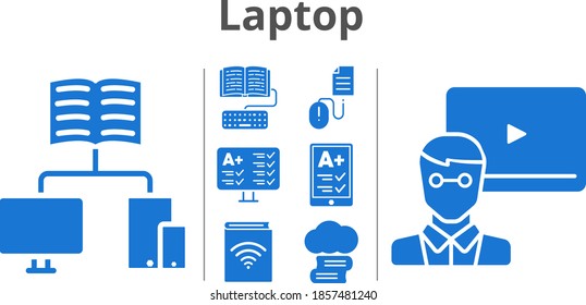 laptop set. included cloud library, audiobook, ereader, teacher, test, school, homework, click icons. filled styles.