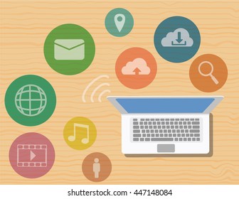 laptop with a set of multimedia icons vector illustration