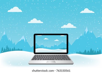 Laptop set on snow. Beautiful mountain view.-Vector illustration.