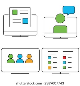 laptop set. simple line vector sketch art with elements work aria. just line drawing isolated white background. beautiful color scheme nice and eye catching design. use for social media post design.  