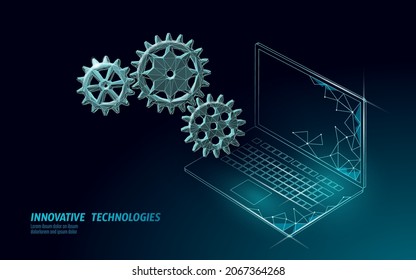 La configuración de la laptop ayuda a que el servicio sea bajo. Nueva versión sistema de operación de software de actualización de subida de Internet. Pantalla táctil de información en línea. Ilustración vectorial de diseño moderno poligonal