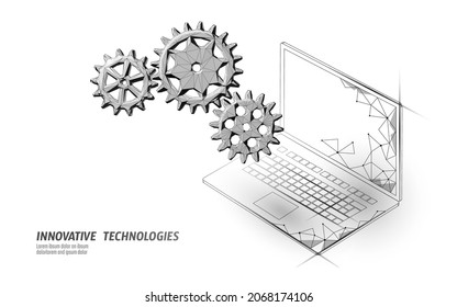 Laptop settings help service low poly. New version software operation system upgrade internet upload. Online information touch screen. Polygonal modern design vector illustration