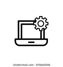 icono de configuración del portátil. Icono de portátil y marcha atrás. Icono de soporte técnico. Servicio de ordenador. Engranajes en el portátil de pantalla. Ilustración vectorial aislada en estilo plano.