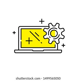 Laptop settings line icon. Computer setup symbol. Cogwheel gear notebook configuration sign. Vector illustration.