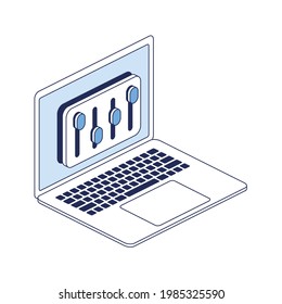 Laptop settings options. Vector 3d line isometric, color web icons, new flat style. Creative design idea for infographics.