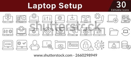 Laptop Setup Editable Line Icons Set for Computer, Technology, Installation, and Device Configuration