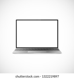 Laptop with shadow isolated on white background. Laptop design with black display and gray keyboard. Laptop front view. Vector illustration