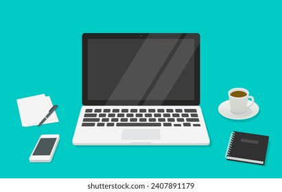 Laptop with a shadow stands on the table. Workplace flat style vector icon illustration.