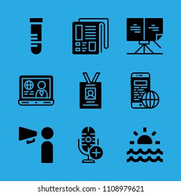laptop, sheet music, newspaper, smartphone, test tube, sunrise, microphone, id card and promoting vector icon. Simple icons set