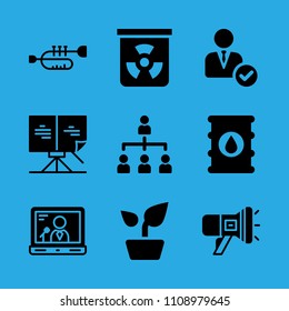 laptop, sheet music, plant, manager, chemical, trumpet, barrel, organization and megaphone vector icon. Simple icons set