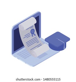 laptop with sheets of paper on white background