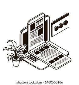 laptop with sheets of paper on white background