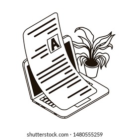 laptop with sheets of paper on white background