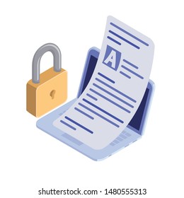 laptop with sheets of paper on white background