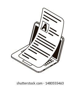 laptop with sheets of paper on white background