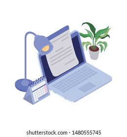 laptop with sheets of paper on white background
