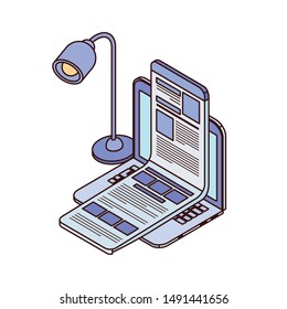 laptop with sheets of paper on white background