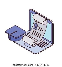 laptop with sheets of paper on white background