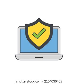 Laptop with shield and check sign, computer antivirus icon in color icon, isolated on white background 