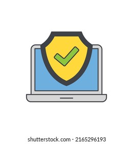 Laptop with shield and check sign, computer antivirus icon in color icon, isolated on white background 