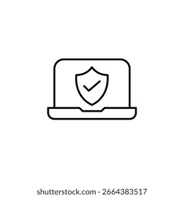 Laptop, shield and checkmark. Emergency backup, certified electronics coverage plan. Pixel perfect, editable stroke vector icon