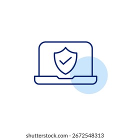 Laptop, shield and checkmark. Emergency backup, certified electronics coverage plan. Pixel perfect, editable stroke vector icon